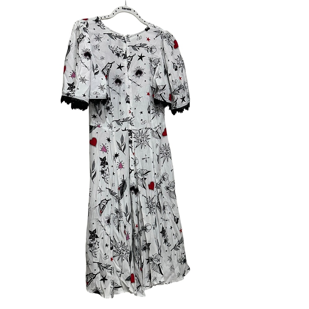 Hell Bunny Avery Dress White Tattoo Print Lace Trim Flutter Sleeve Midi Small - Picture 12 of 12